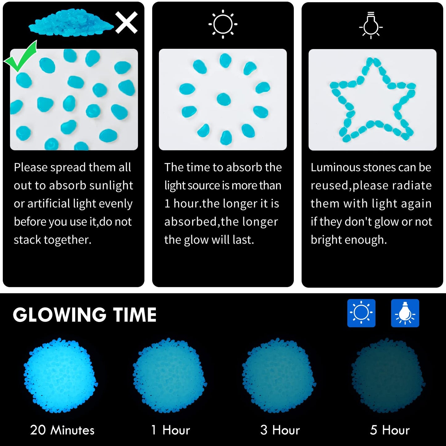 1100pc Large Glow Pebbles Glowing Rocks for Garden Decoration Luminous Stones Glowing Stones for Driveway Landscape Walkway,Blue