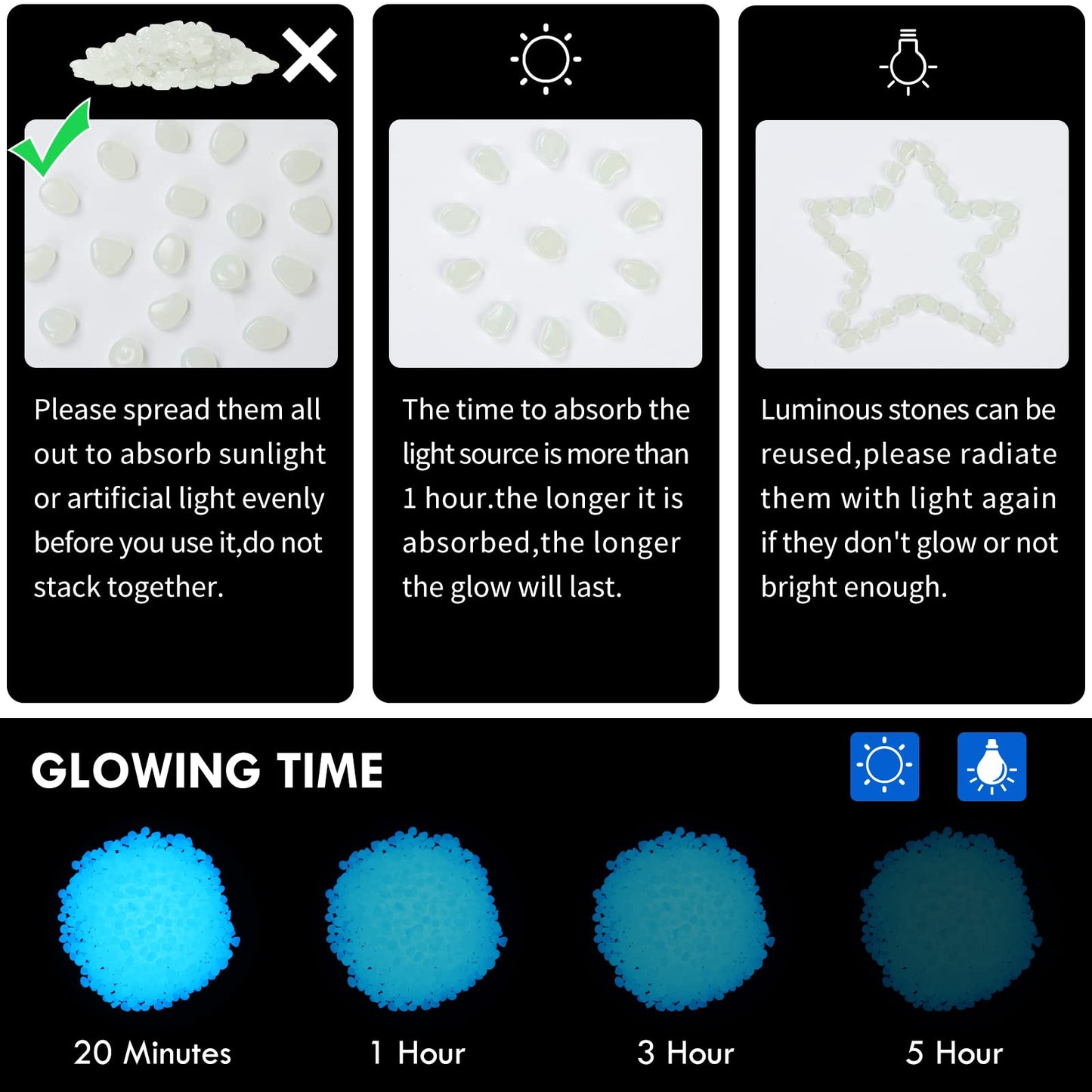 1100pc Large Glow Pebbles Glowing Rocks for Garden Decoration Luminous Stones Glowing Stones for Driveway Landscape Walkway,Blue